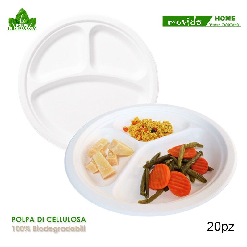 20 pezzi Piatto bio 3 scomparti diametro cm 26