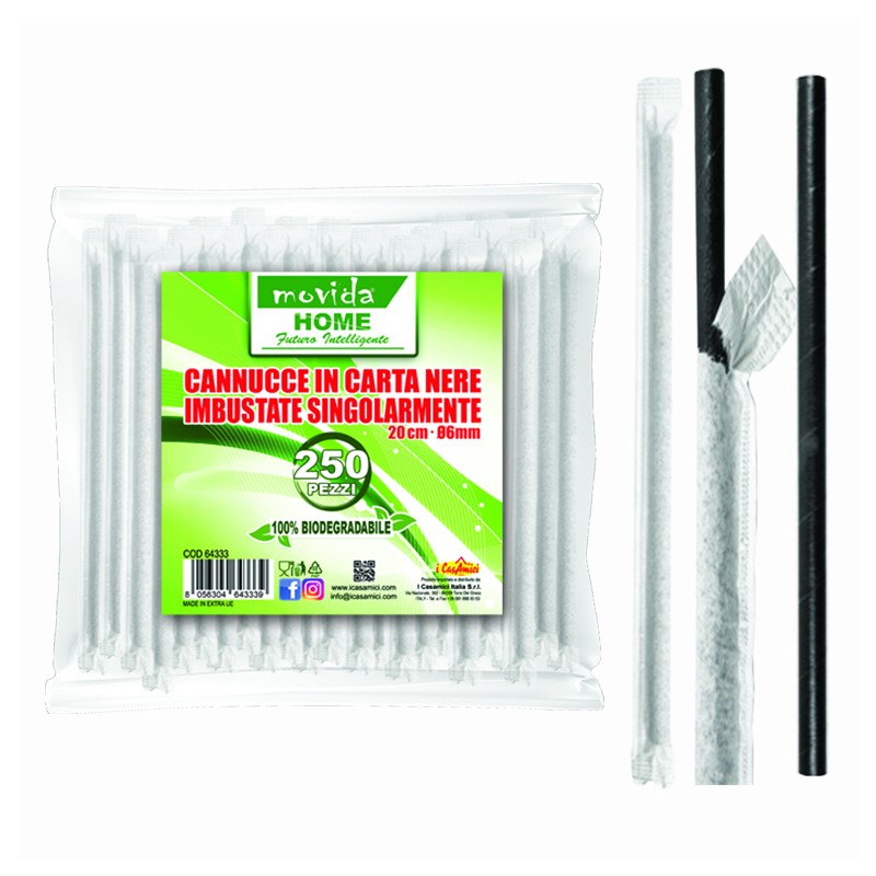 Cannucce Nere  Bio confezione da 250 pezzi incartate una ad una, misura 20x6mm