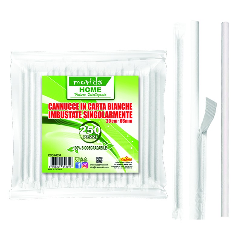 Cannucce Bianche Bio confezione da 250 pezzi incartate una ad una, misura 20x6mm