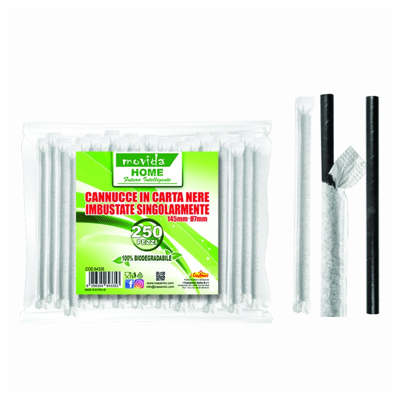 Cannucce Nere Bio confezione da 250 pezzi incartate una ad una, misura 14,5x7mm