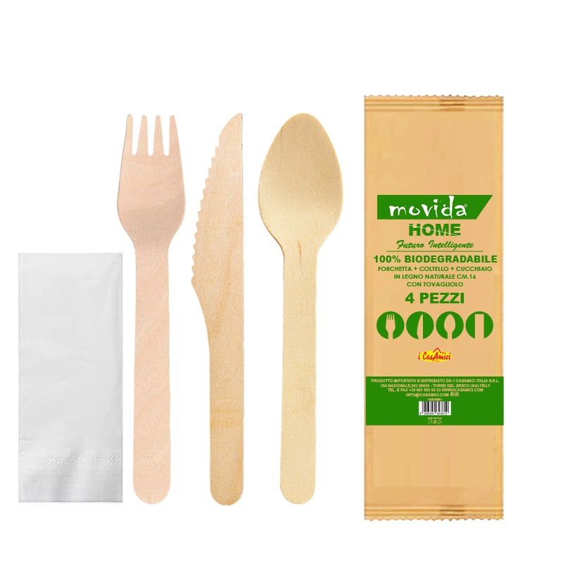 250 Kit 4 in 1 imbustati singolarmente forchetta coltello cucchiaio e tovagliolo