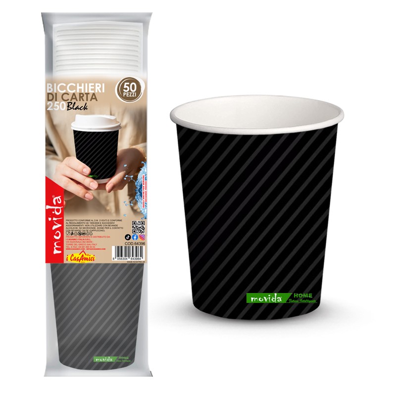 50 bicchieri colore Nero 250 ml 8oz bianco carta bio